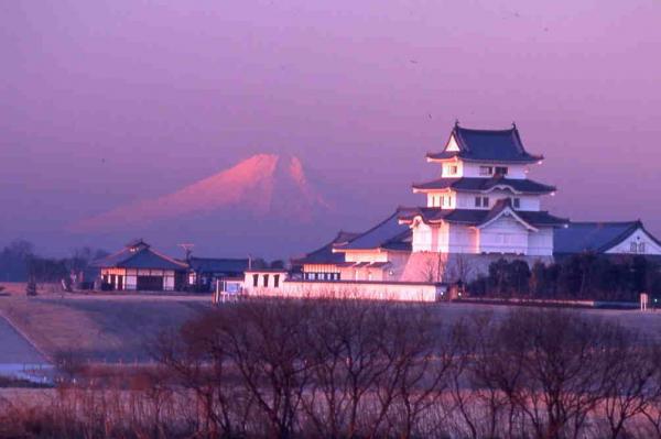 富士山と城と川の写真です。